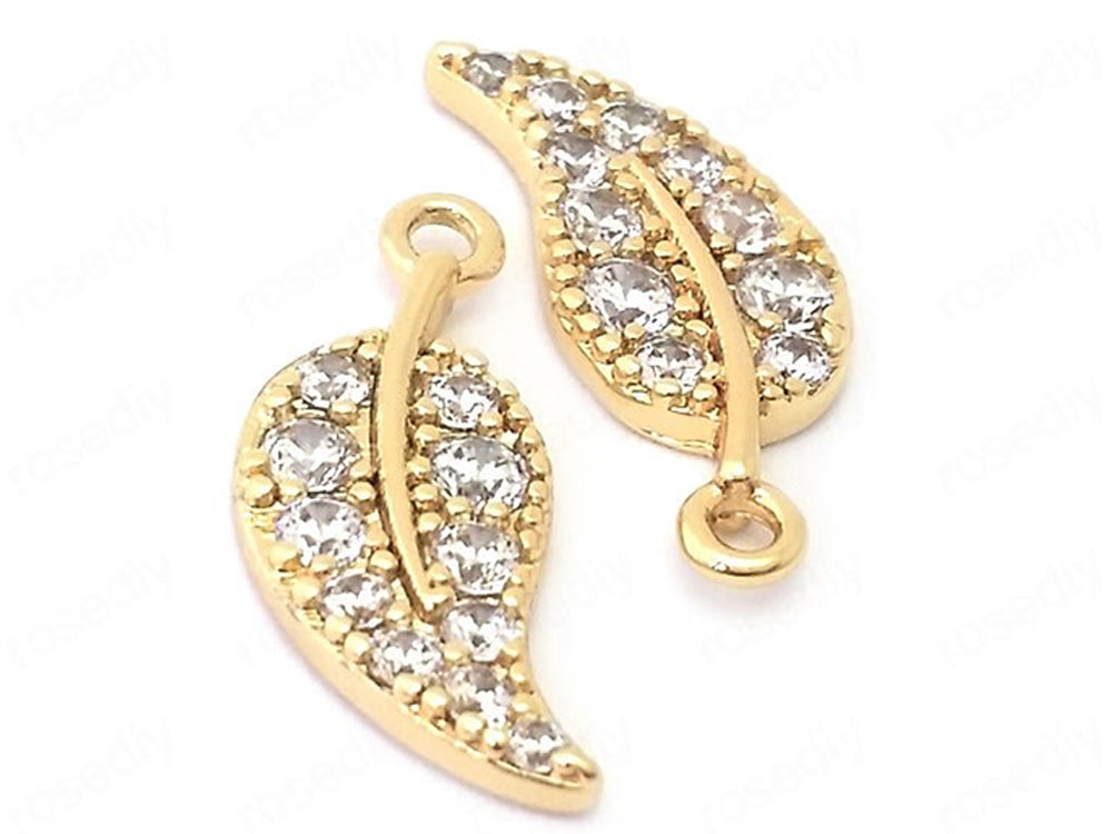 24K Gold Plated Leaf Charms with Cubic Zirconia Front